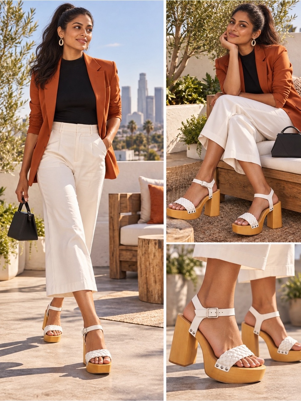 Madden Girl White Braided Platform Sandals with Natural Wood Block Heel